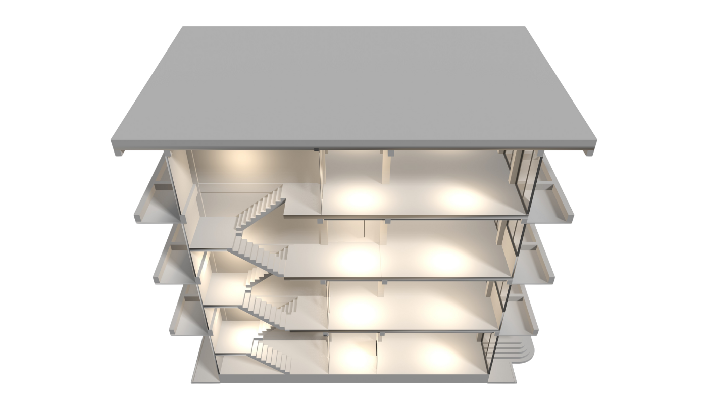 Sección transversal de edificio con muros cortina de aluminio – Aluzenit